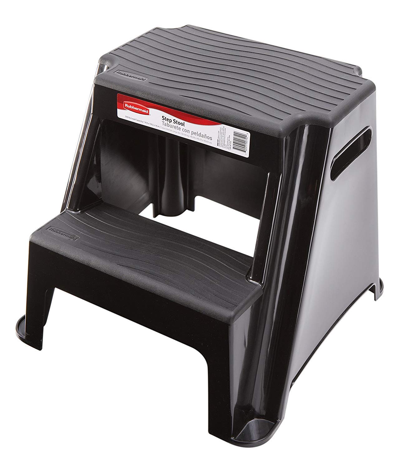 Rubbermaid front view of two-step stool showing sturdy platform and black finish
