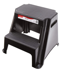 Rubbermaid front view of two-step stool showing sturdy platform and black finish