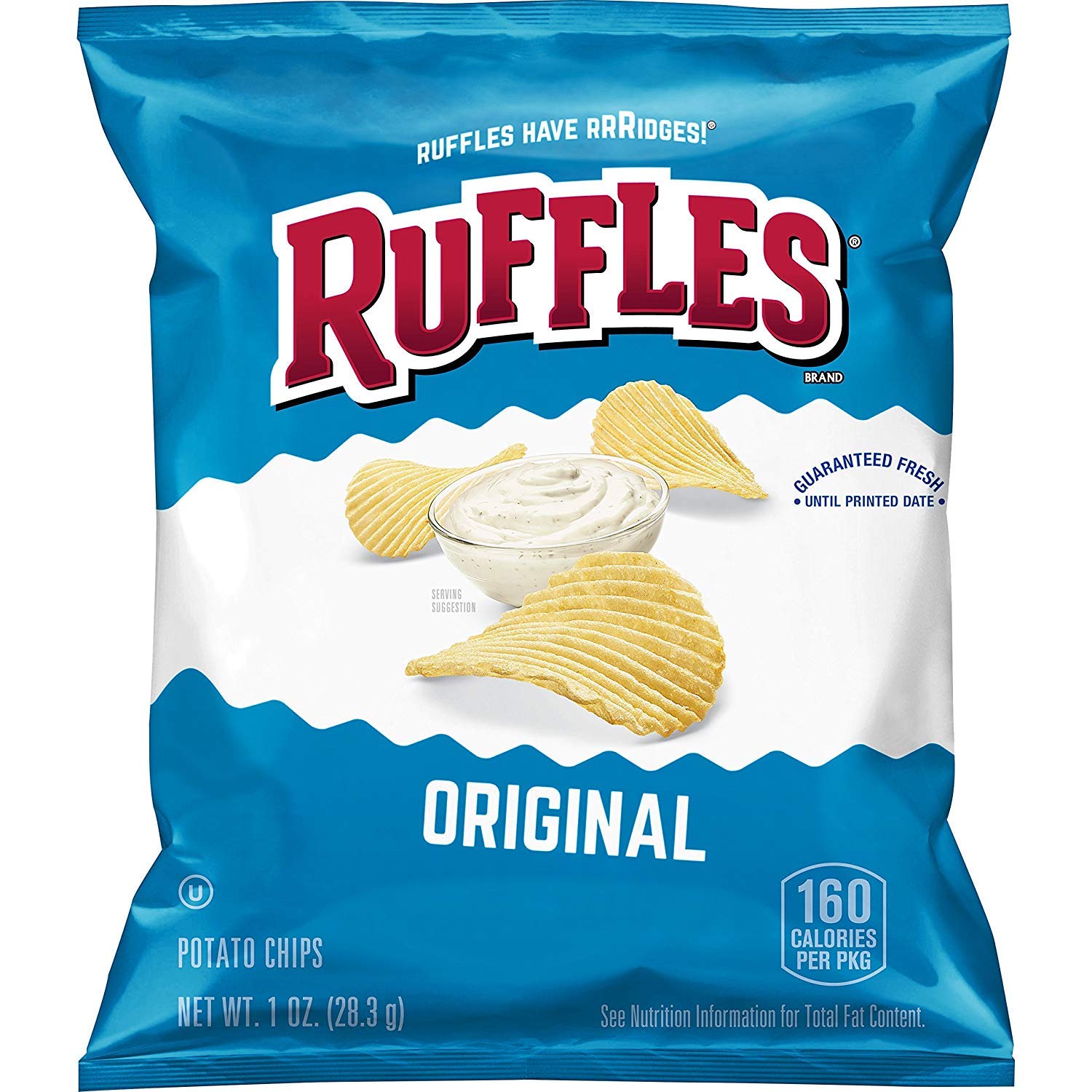 Ruffles front packaging showing a single 1-ounce bag and clear branding for easy grab-and-go