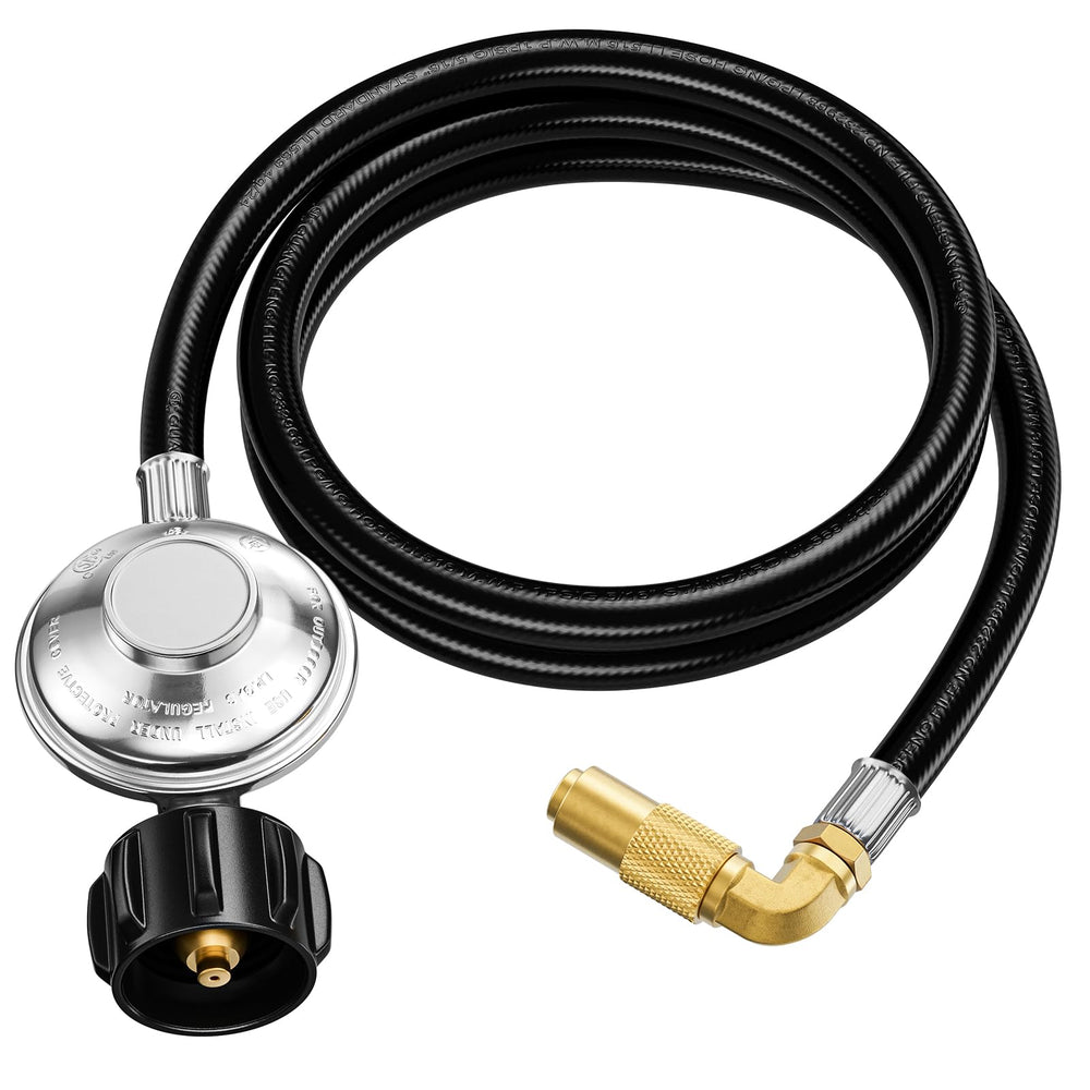 Rushare front view showing hose connected to Blackstone griddle for reliable fuel