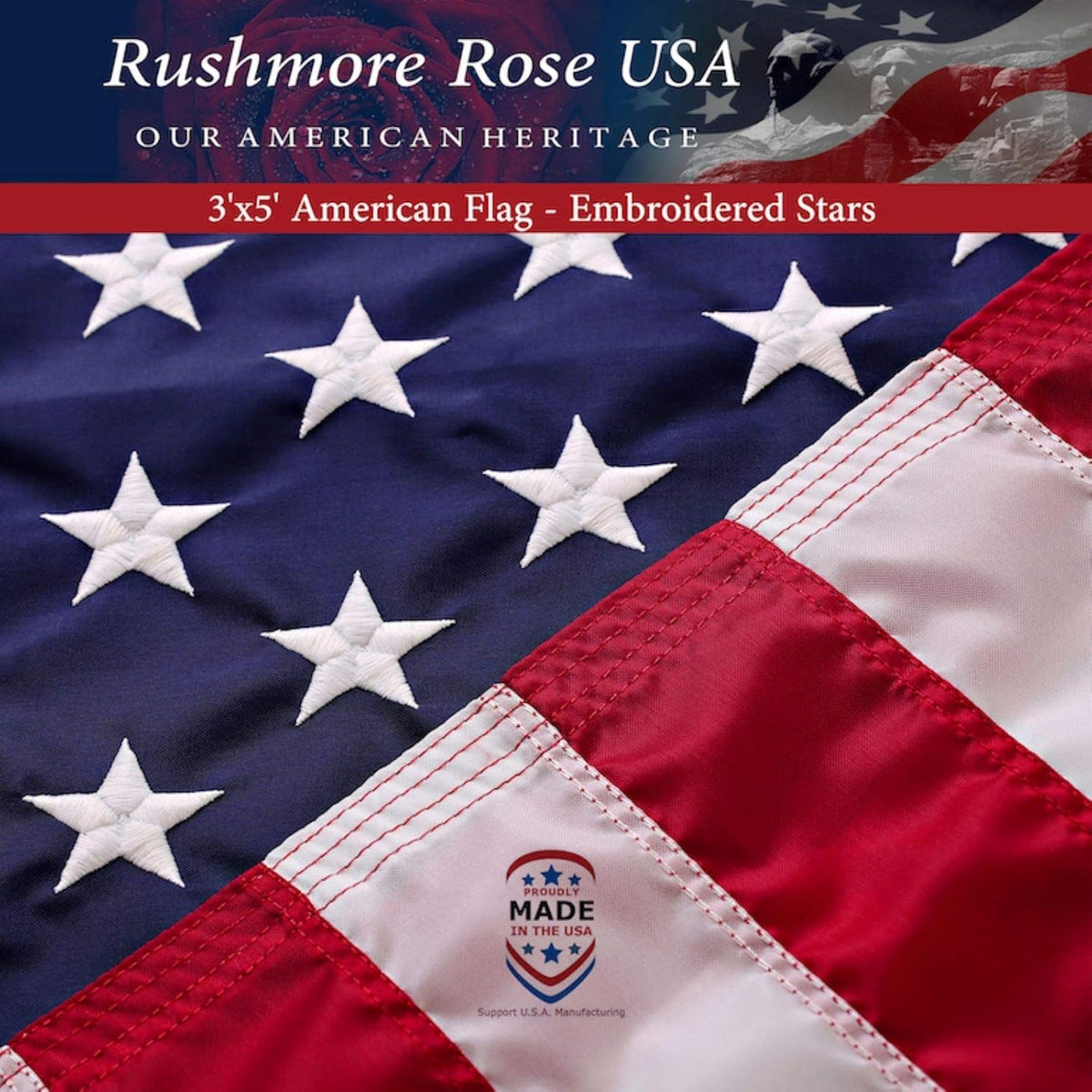 Rushmore Rose USA flag front view showing vibrant colors and quality