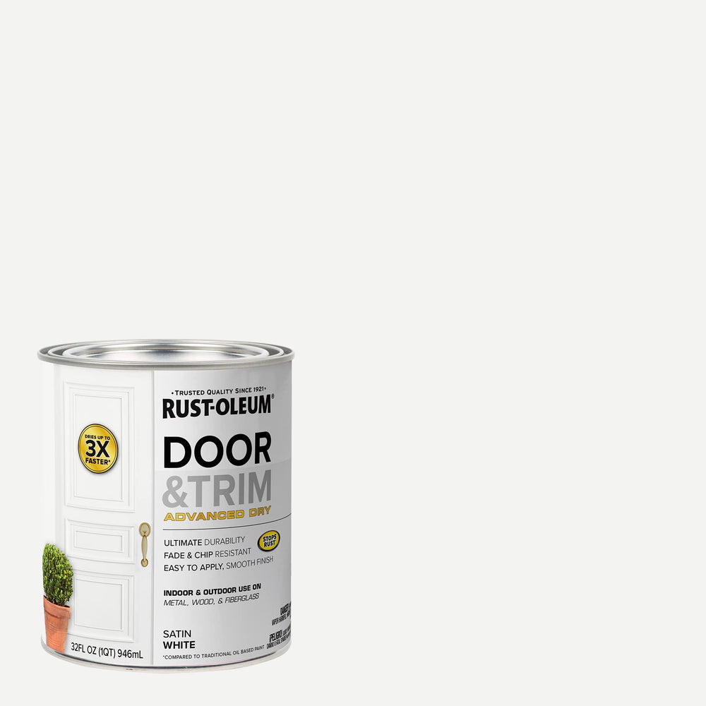 Close-up brush stroke of Rust-Oleum satin white paint showing smooth coverage and even sheen for professional look