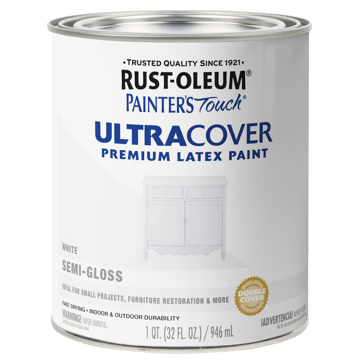 Rust-Oleum front can of semi-gloss white showing product and easy storage benefit