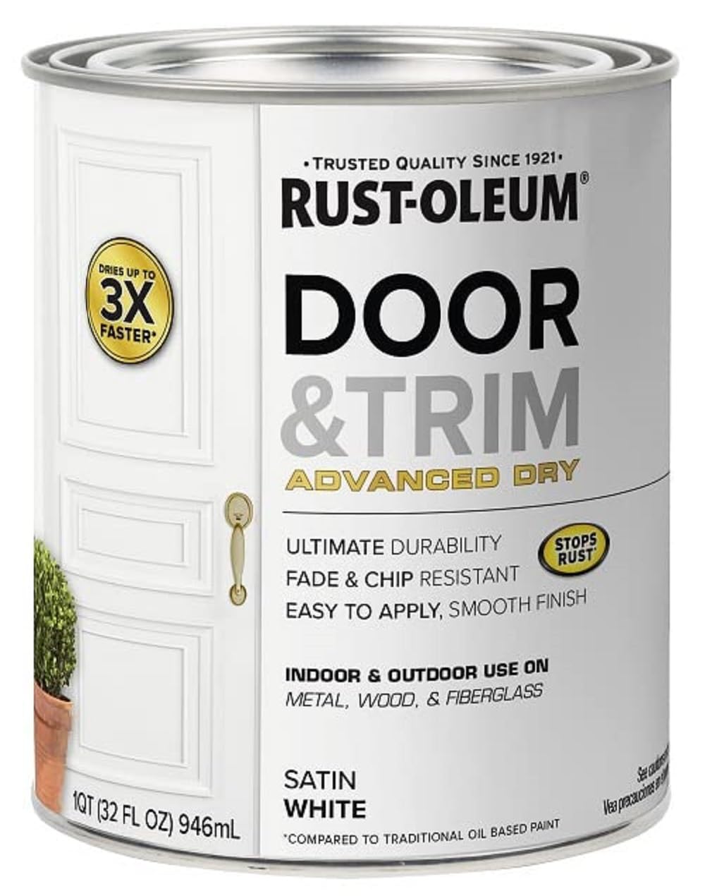 Rust-Oleum quart front label showing product name and satin white finish for quick identification and reliable results
