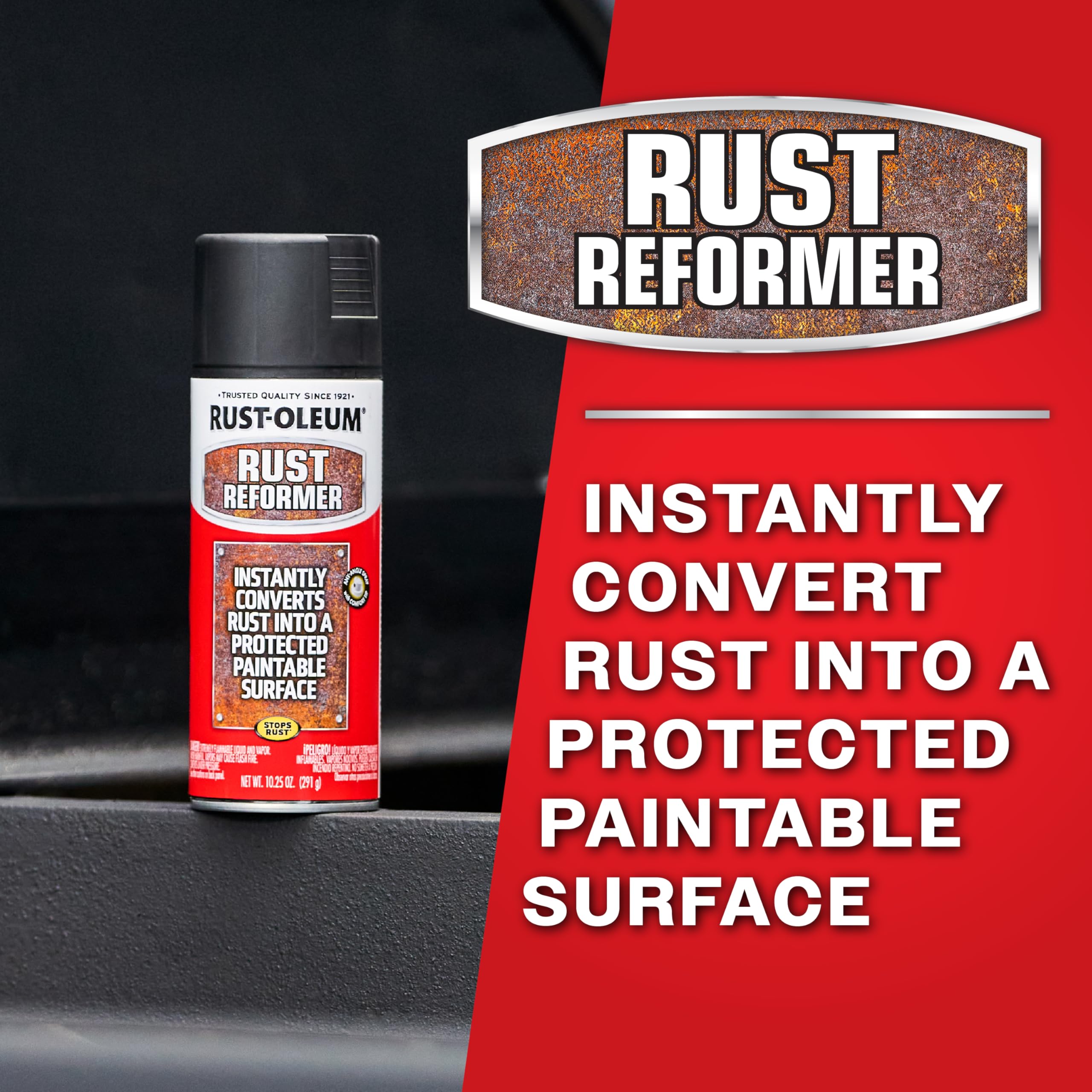Rust-Oleum side-by-side before and after panel illustrating rust conversion benefit