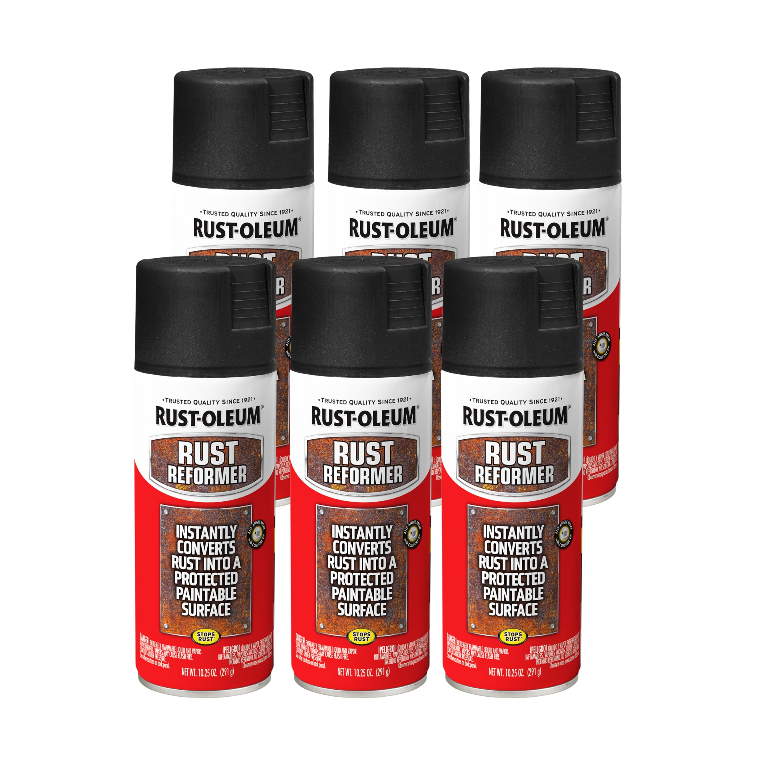 Rust-Oleum can front view showing product branding and flat-black finish benefit