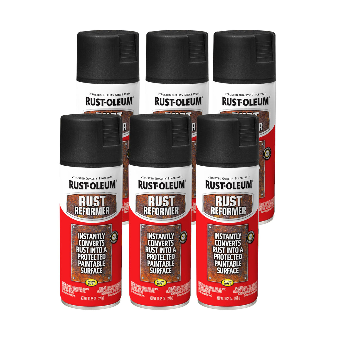 Rust-Oleum can front view showing product branding and flat-black finish benefit