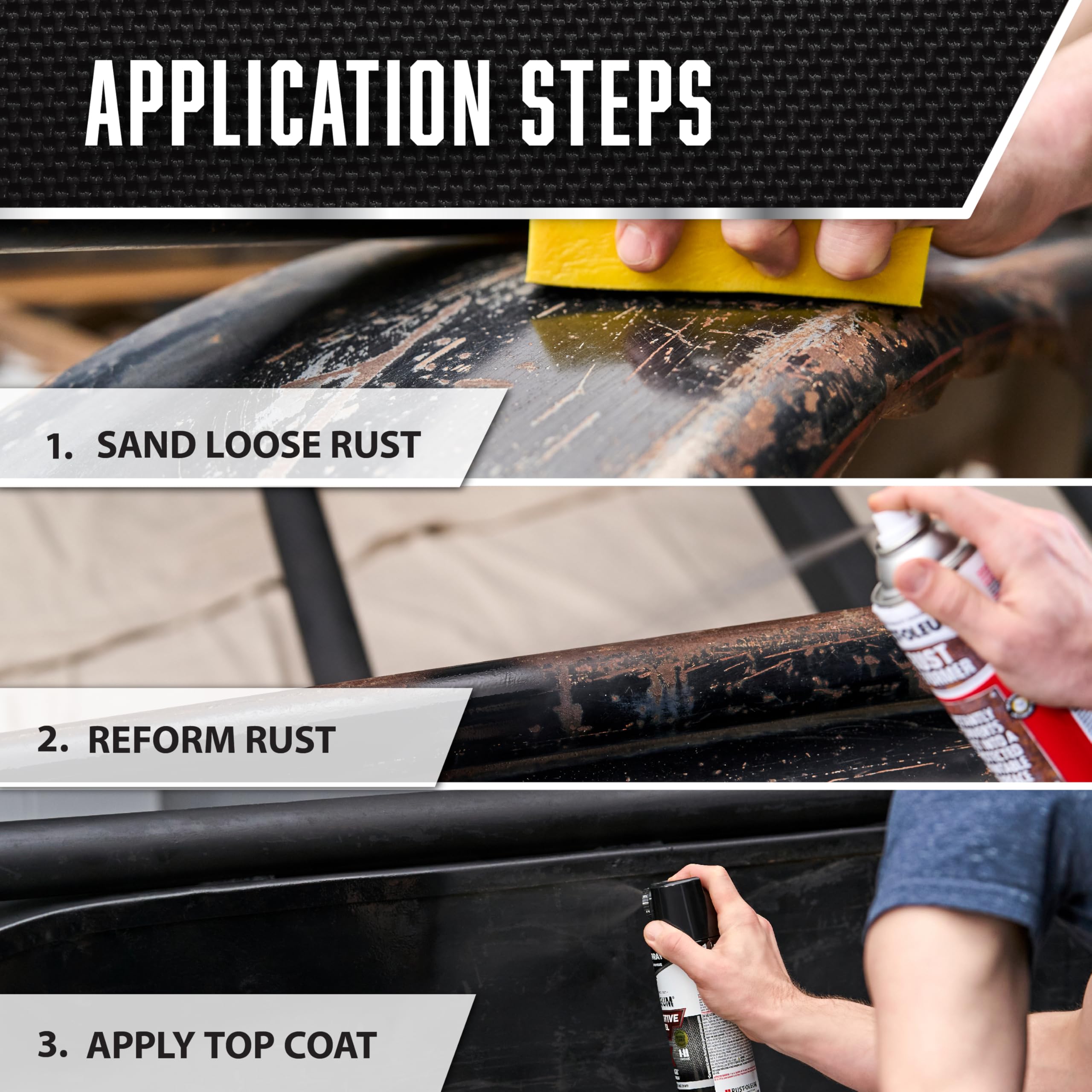 Rust-Oleum label close-up with usage details and rust-preventive technology benefit