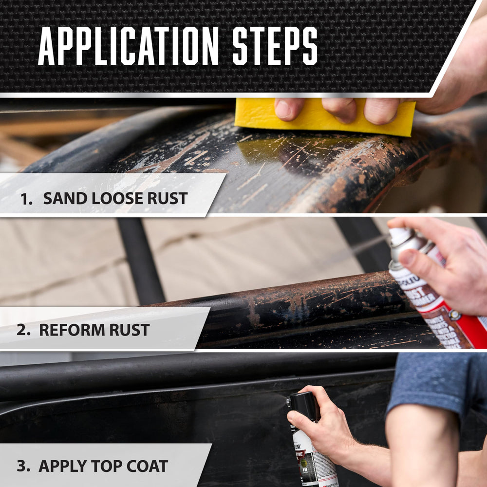Rust-Oleum label close-up with usage details and rust-preventive technology benefit