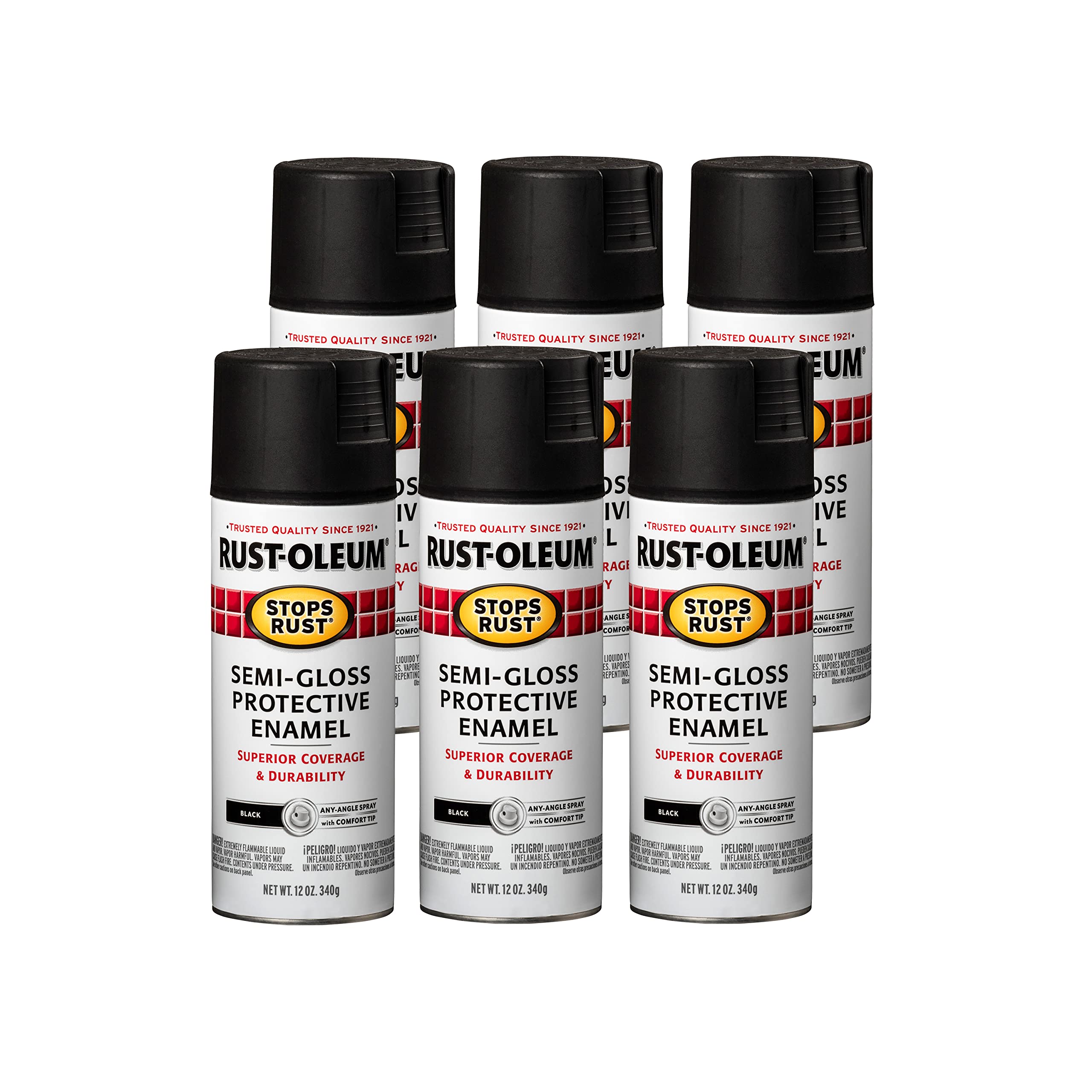 Rust-Oleum can front view showing semi-gloss black and protective benefit