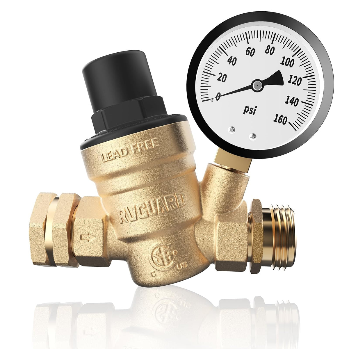 RVGUARD front-facing regulator showing gauge and durable brass, protects RV plumbing