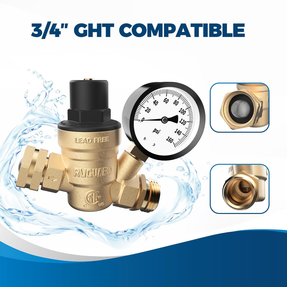 RVGUARD threaded 3/4" GHT connection for easy campground hookup compatibility