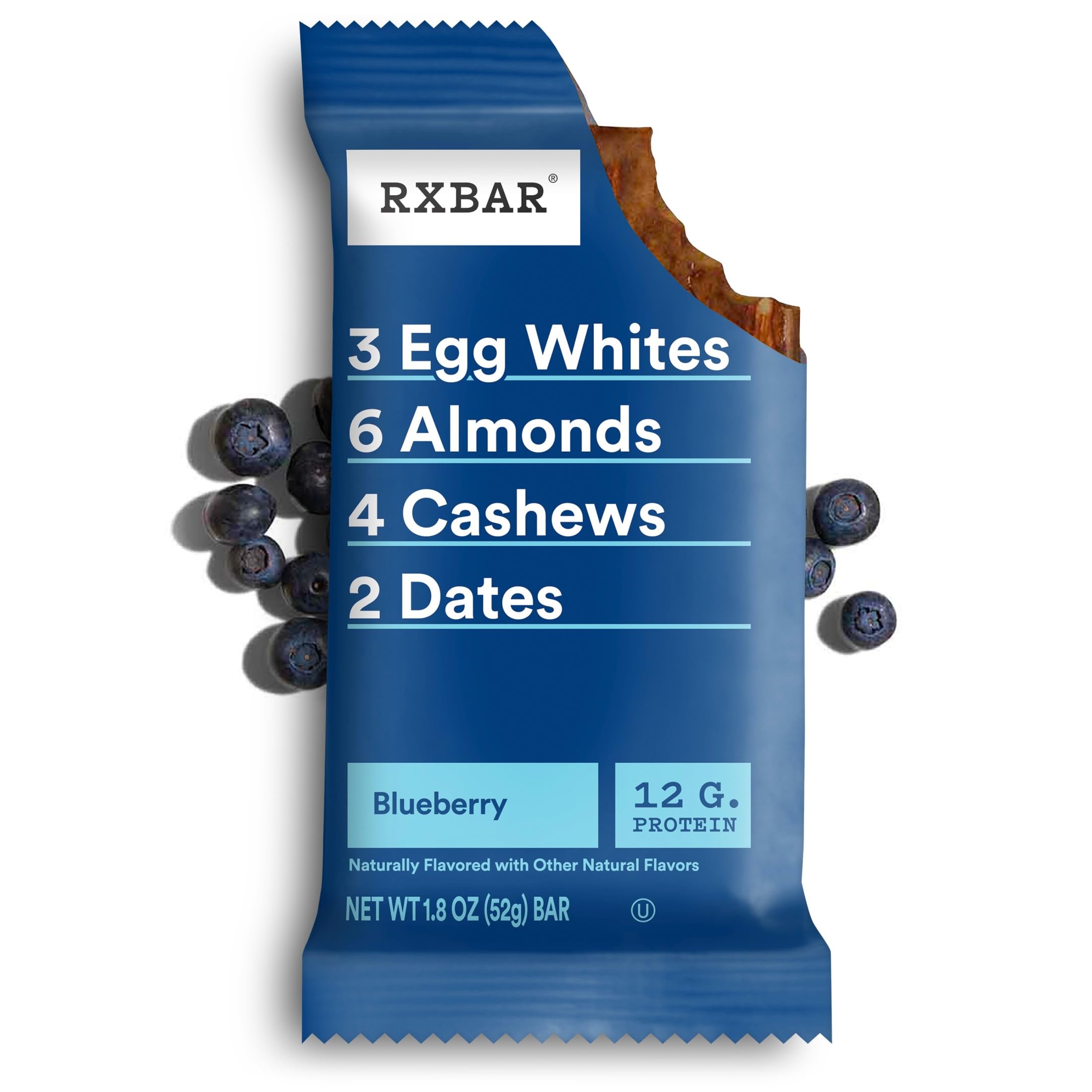 RXBAR blueberry bar in hand illustrating portable size and convenient protein boost