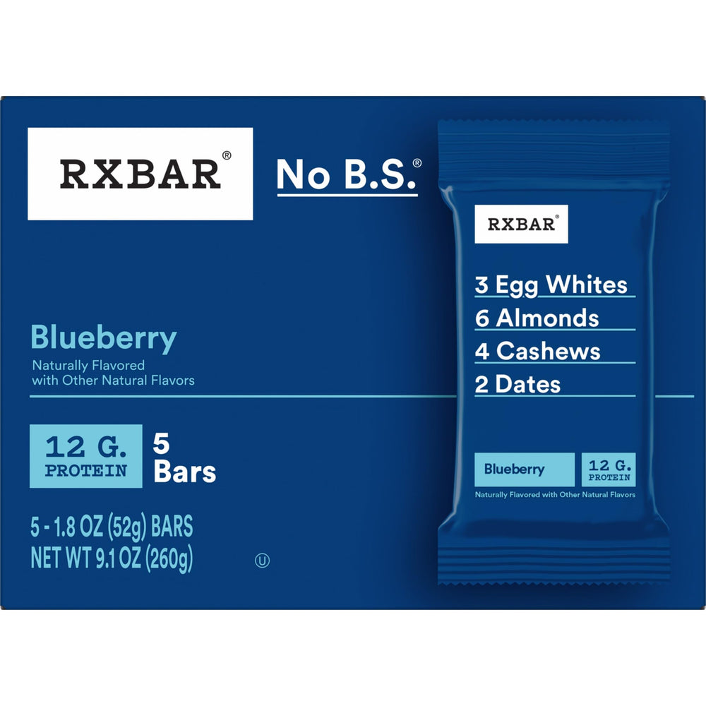 RXBAR blueberry bar beside fresh blueberries showing natural fruit flavor benefit