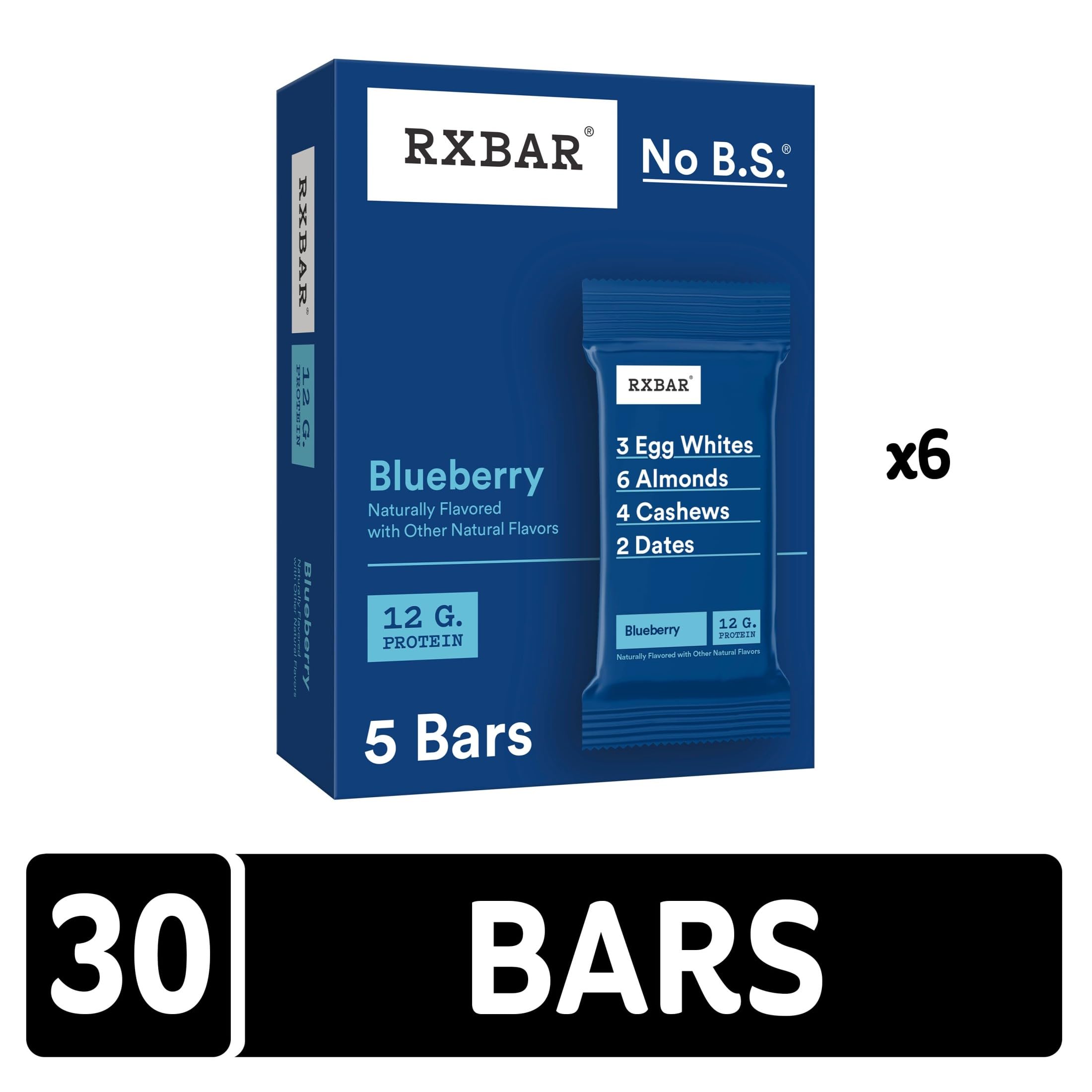 RXBAR blueberry ingredient spread with dates, egg whites, almonds highlighting real-food benefits