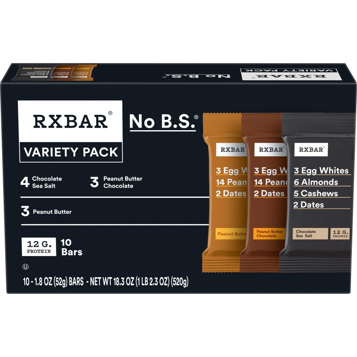 RXBAR front box showing three-flavor variety and benefits