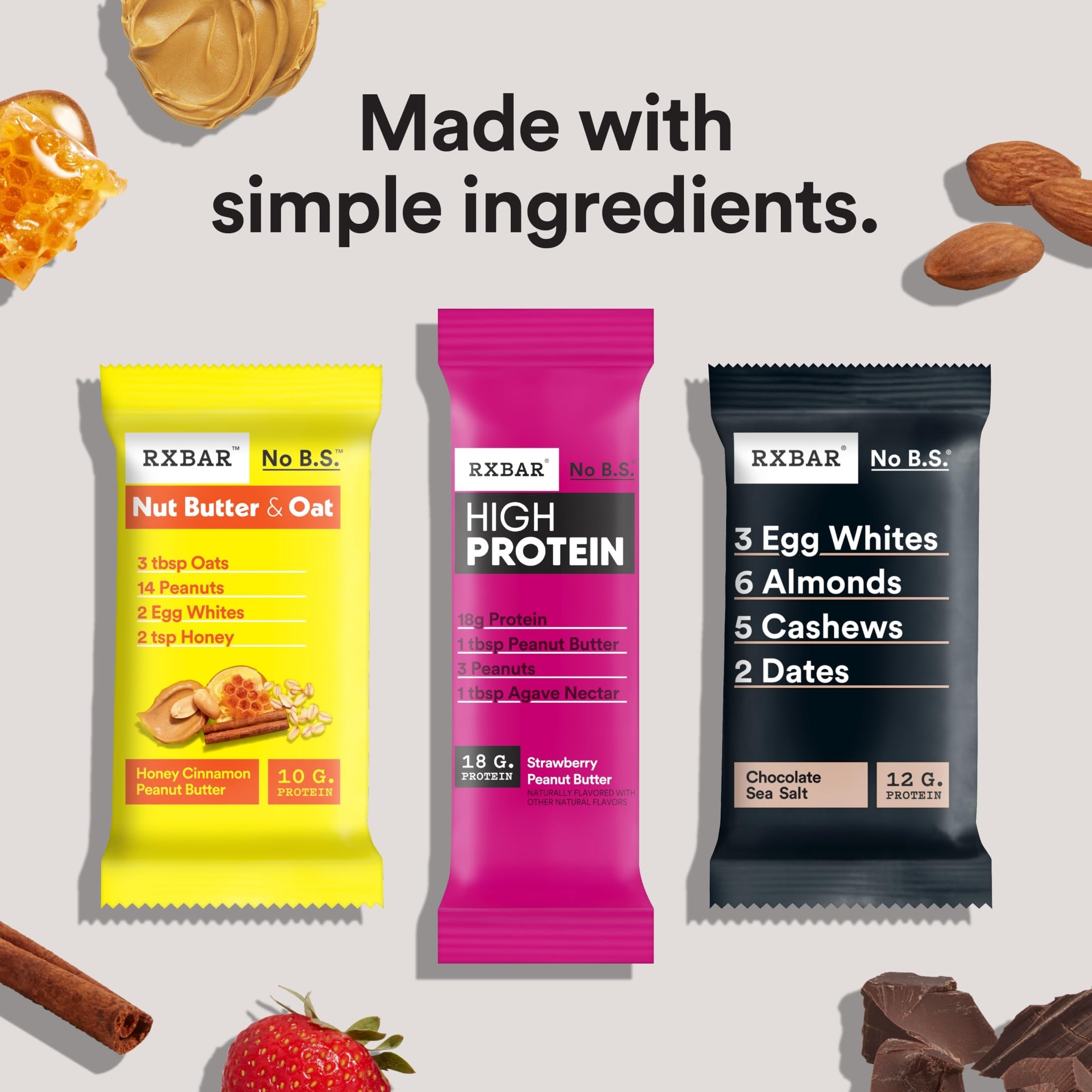 RXBAR ingredients flatlay including pea protein, peanuts and vanilla highlighting transparency