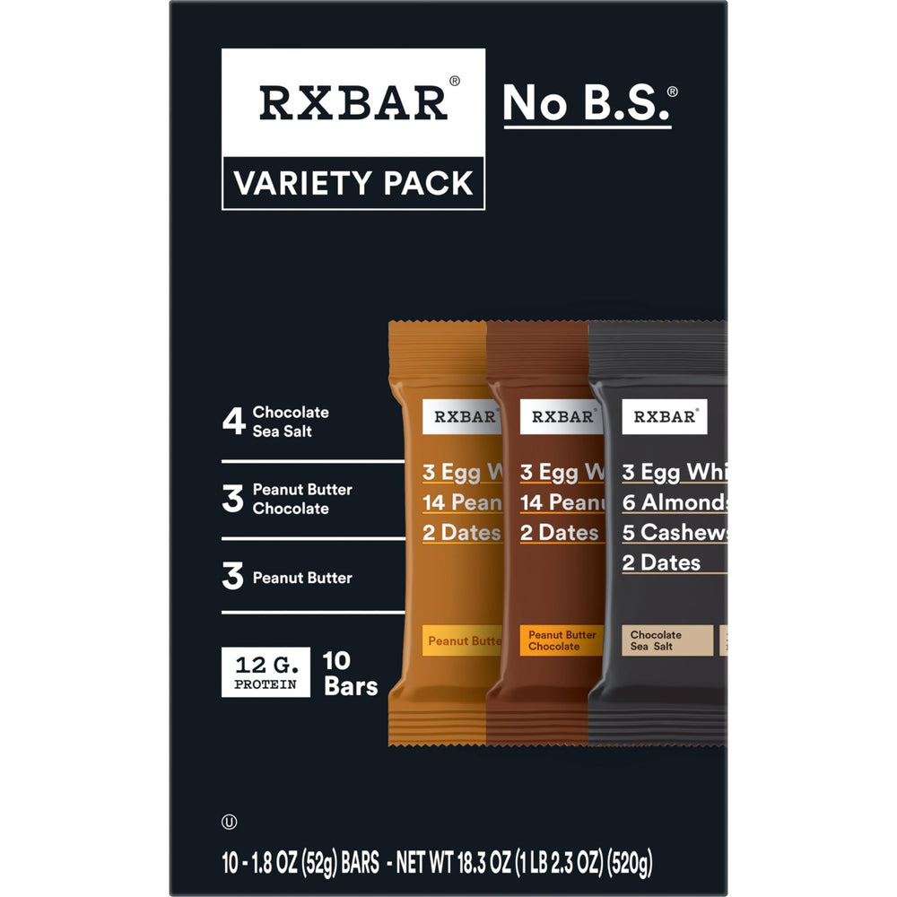 RXBAR variety pack opened displaying ten individually wrapped bars