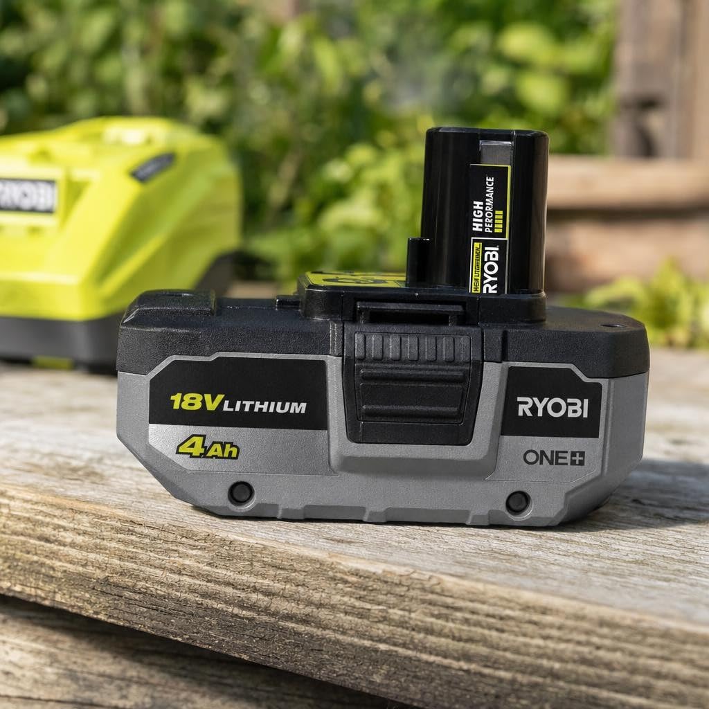 RYOBI PBP004 next to a coin for scale showing compact high-capacity battery advantage
