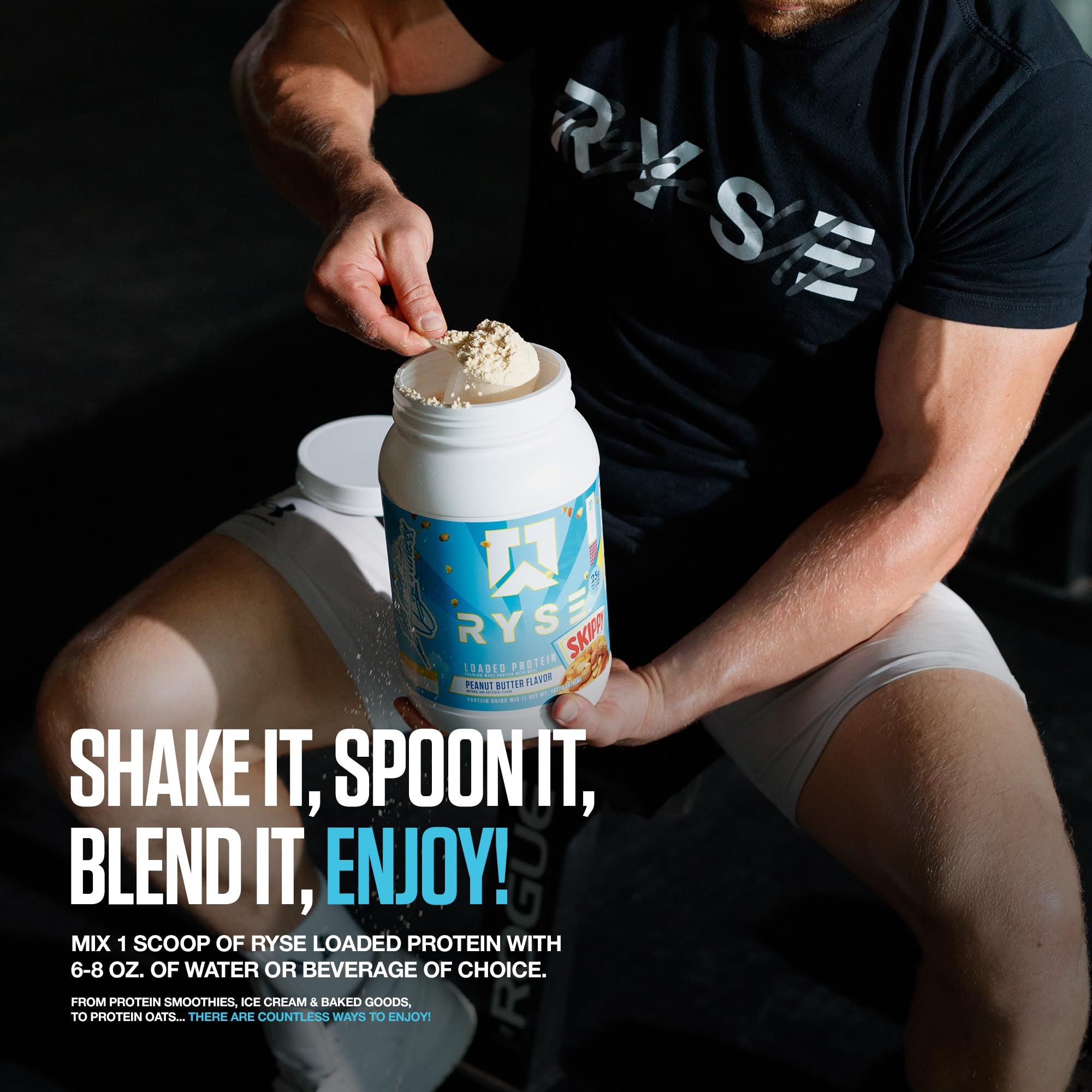 RYSE Up Supplements gym scene with shaker bottle showing convenient post‑workout use