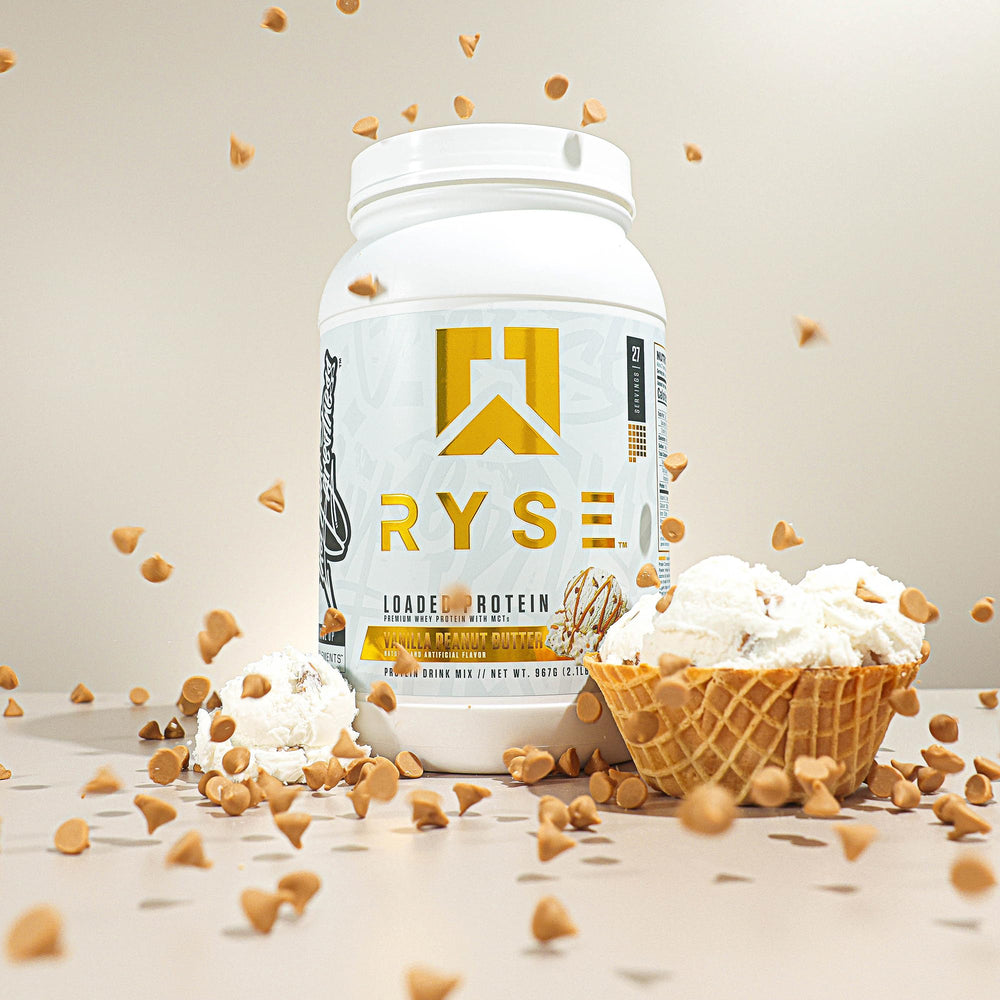 RYSE Up Supplements tub next to measuring scoop illustrating serving size