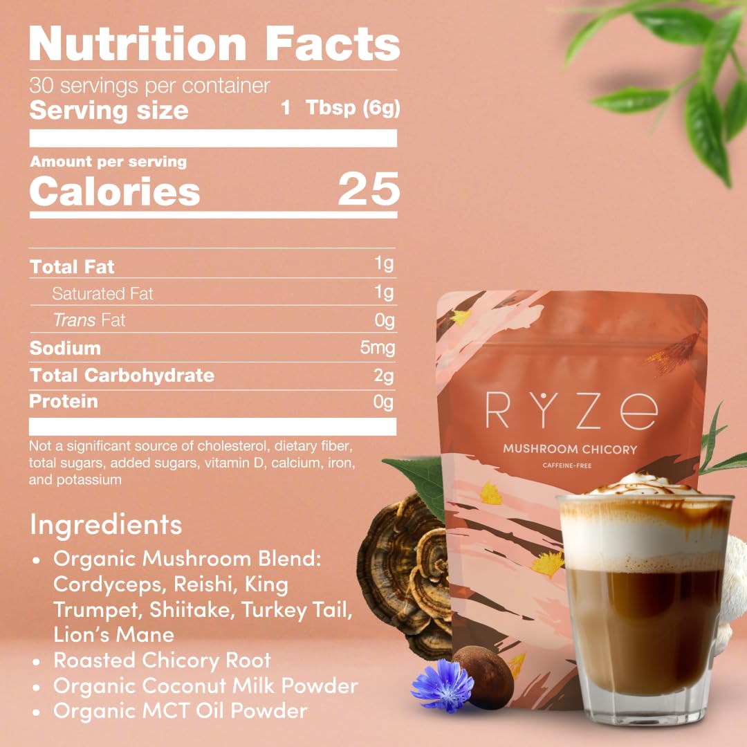 RYZE SUPERFOODS jar beside common mug for size scale and serving context