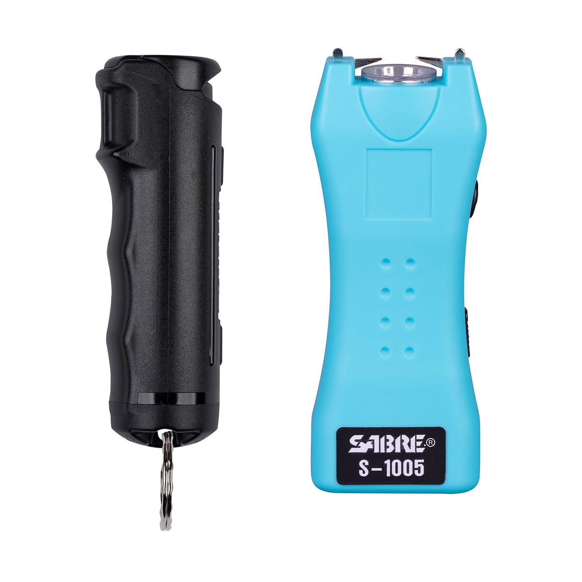SABRE front packaging showing pepper spray and stun gun, highlights readiness