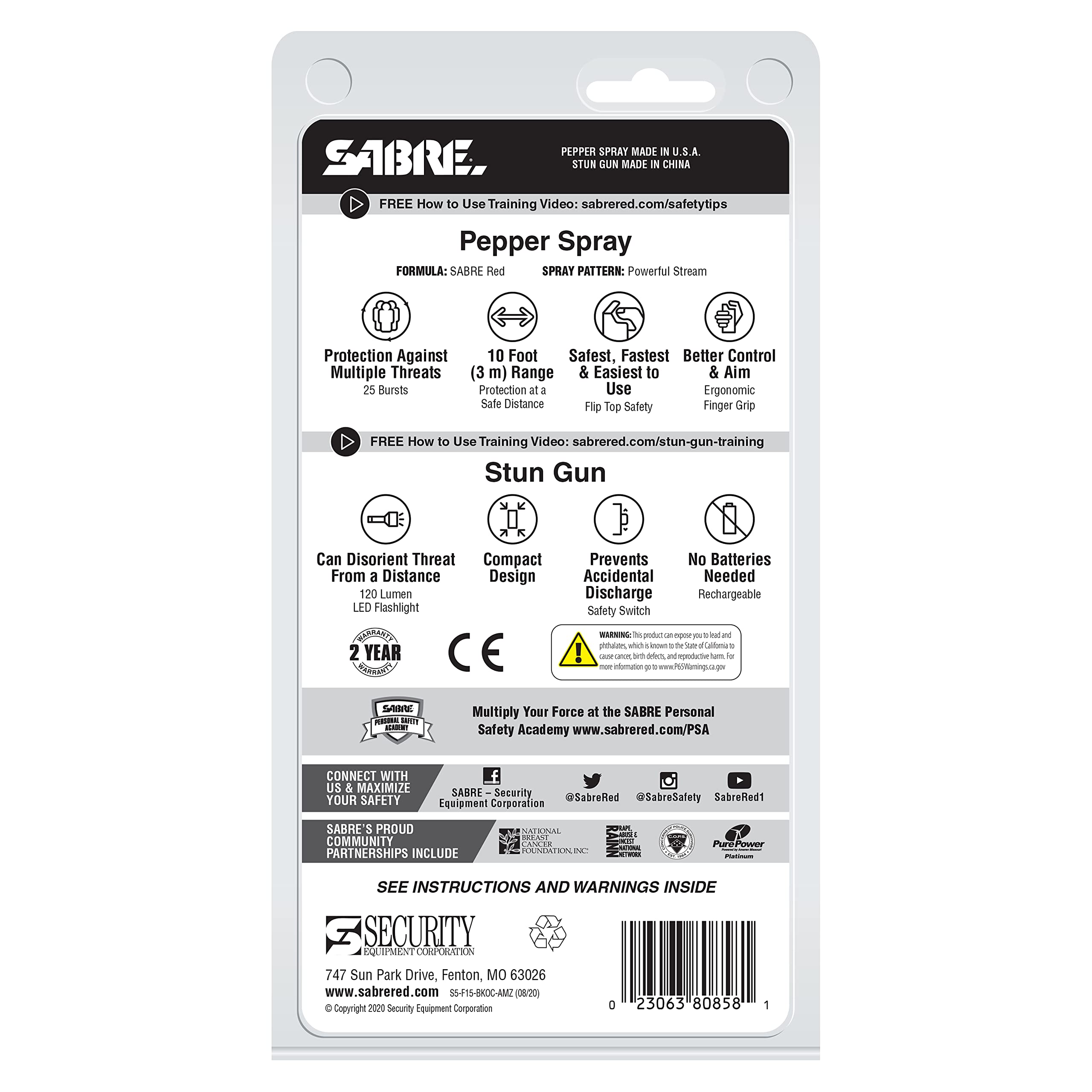 SABRE label and lab markings emphasizing made‑in‑USA quality testing
