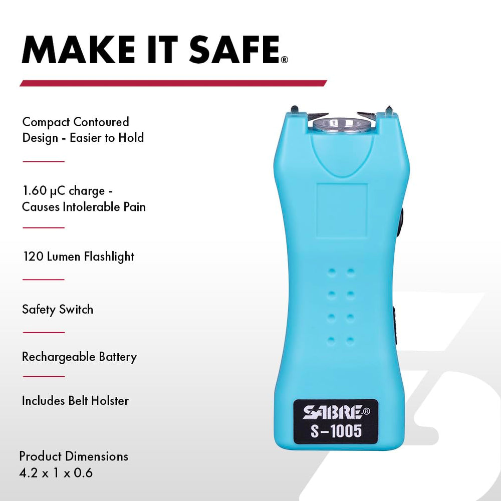 SABRE stun gun with 120‑lumen LED turned on, illuminates dark path