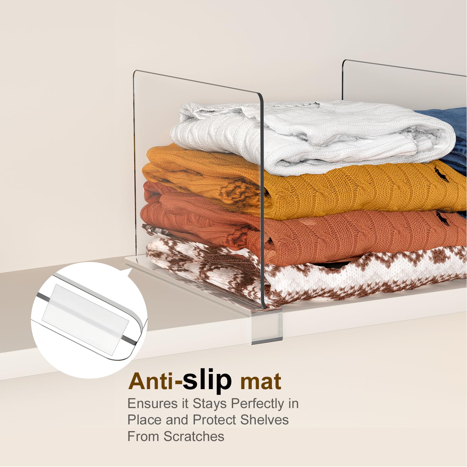 Saccik dividers on bathroom shelf securing towels and resisting moisture slips
