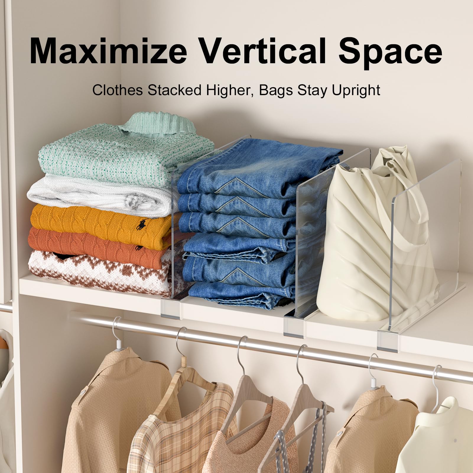 Saccik dividers on closet shelf holding purses for neat visible storage benefit
