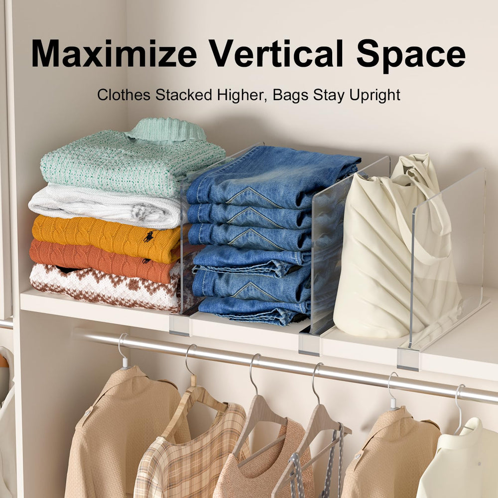 Saccik dividers on closet shelf holding purses for neat visible storage benefit