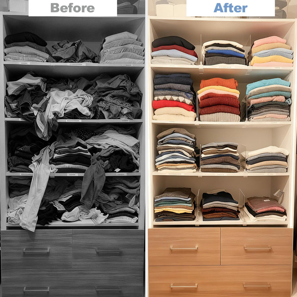 Saccik dividers supporting folded sweaters to keep stacks upright and accessible