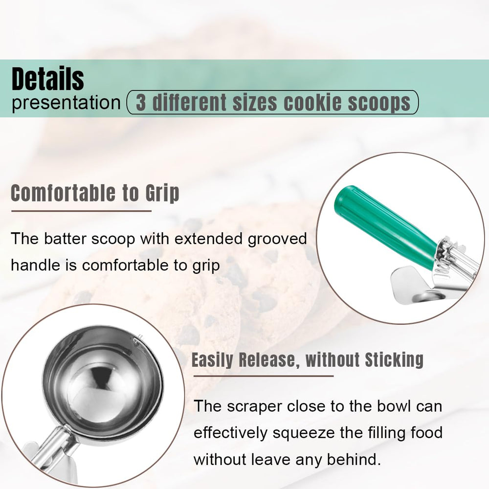 Saebye hand using scoop on cookie dough demonstrating comfortable grip and precise even portions