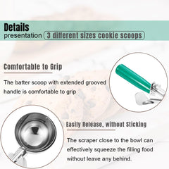 Saebye hand using scoop on cookie dough demonstrating comfortable grip and precise even portions