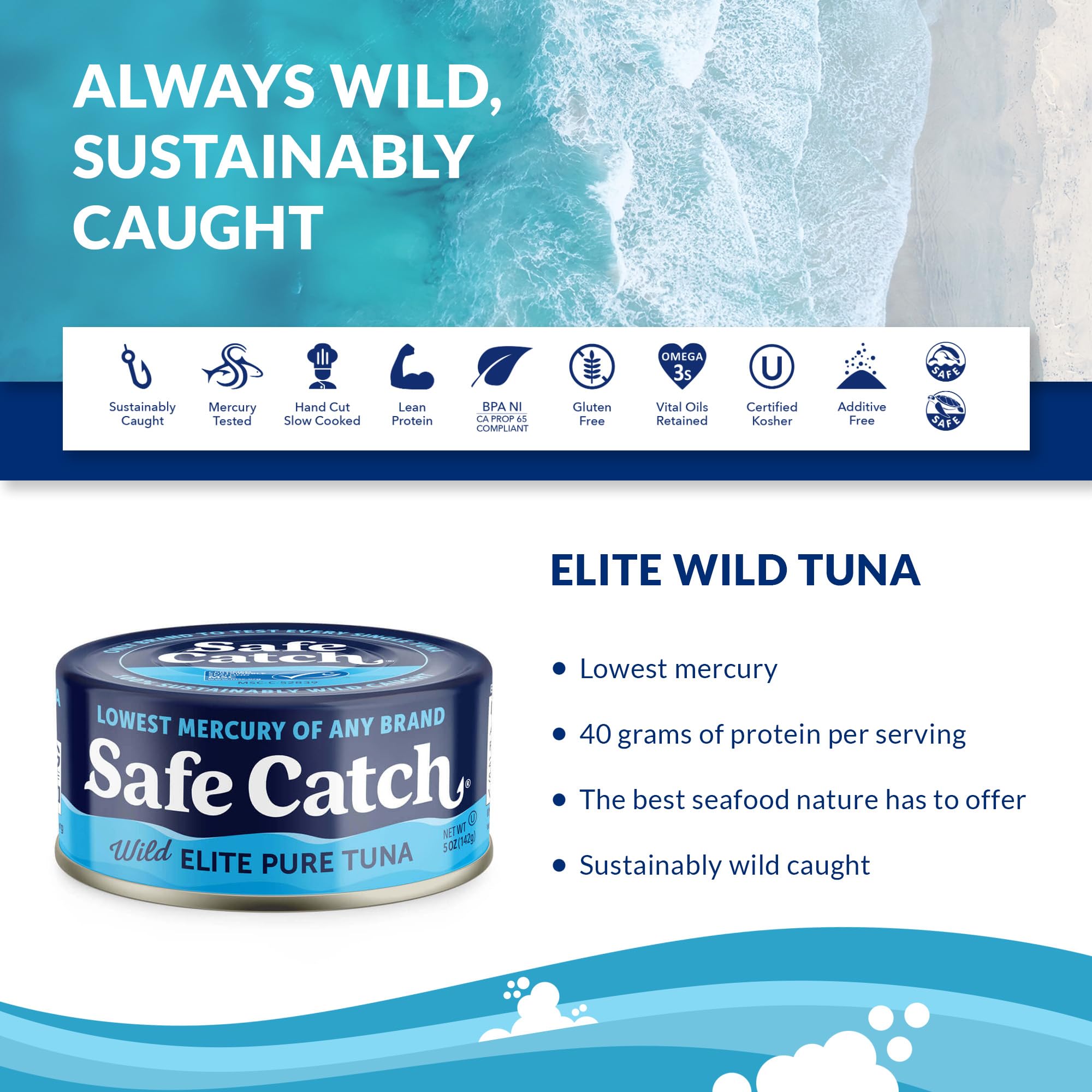 Safe Catch open can with solid tuna close-up highlighting texture benefit