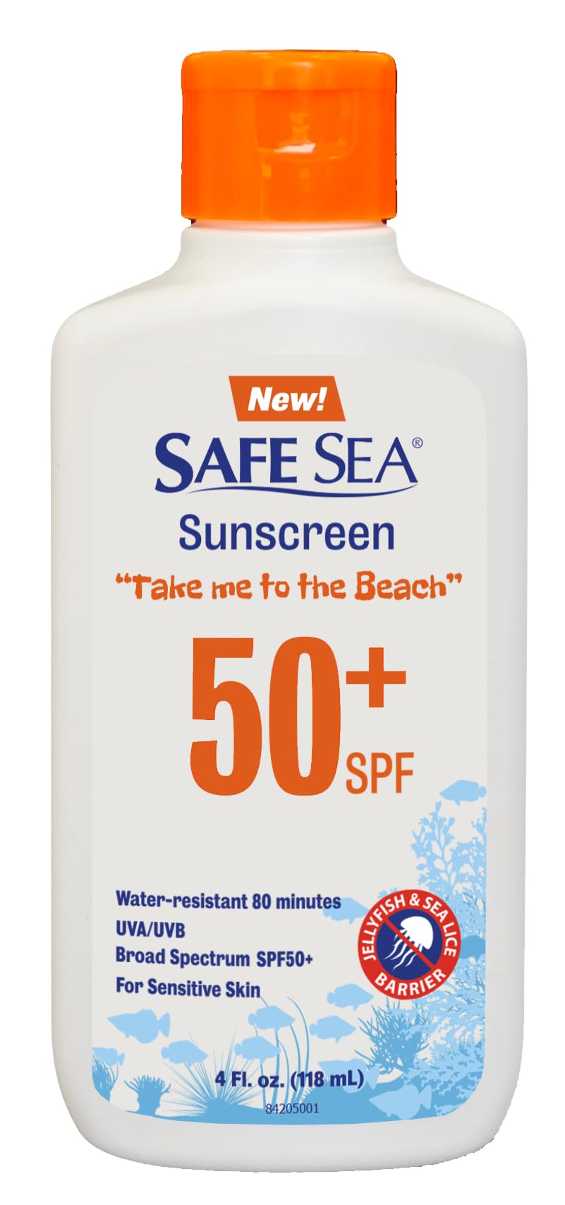 SAFE SEA front bottle view showing SPF 50+ protection and compact design