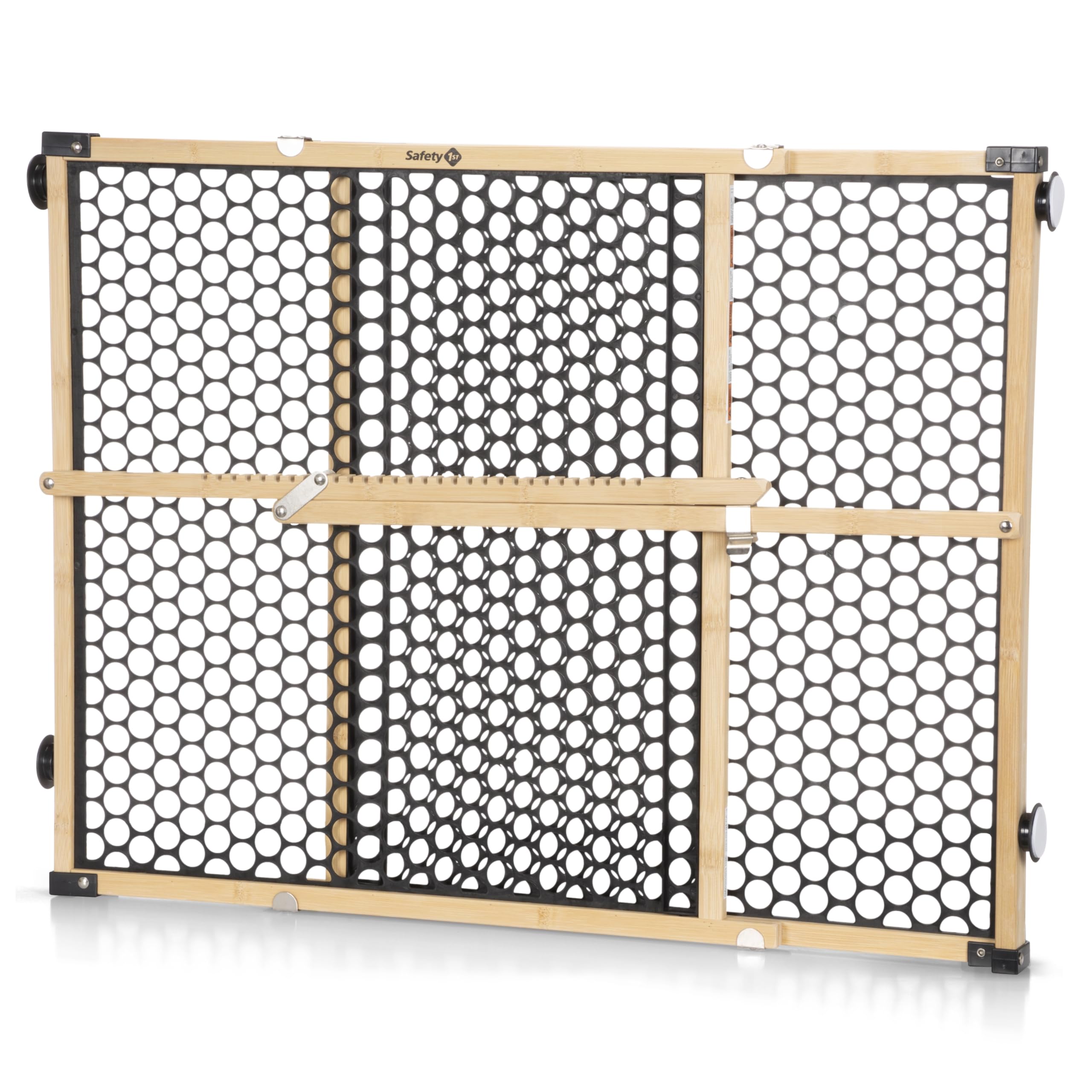 Safety 1st bamboo gate front view showing natural finish and secure barrier benefit