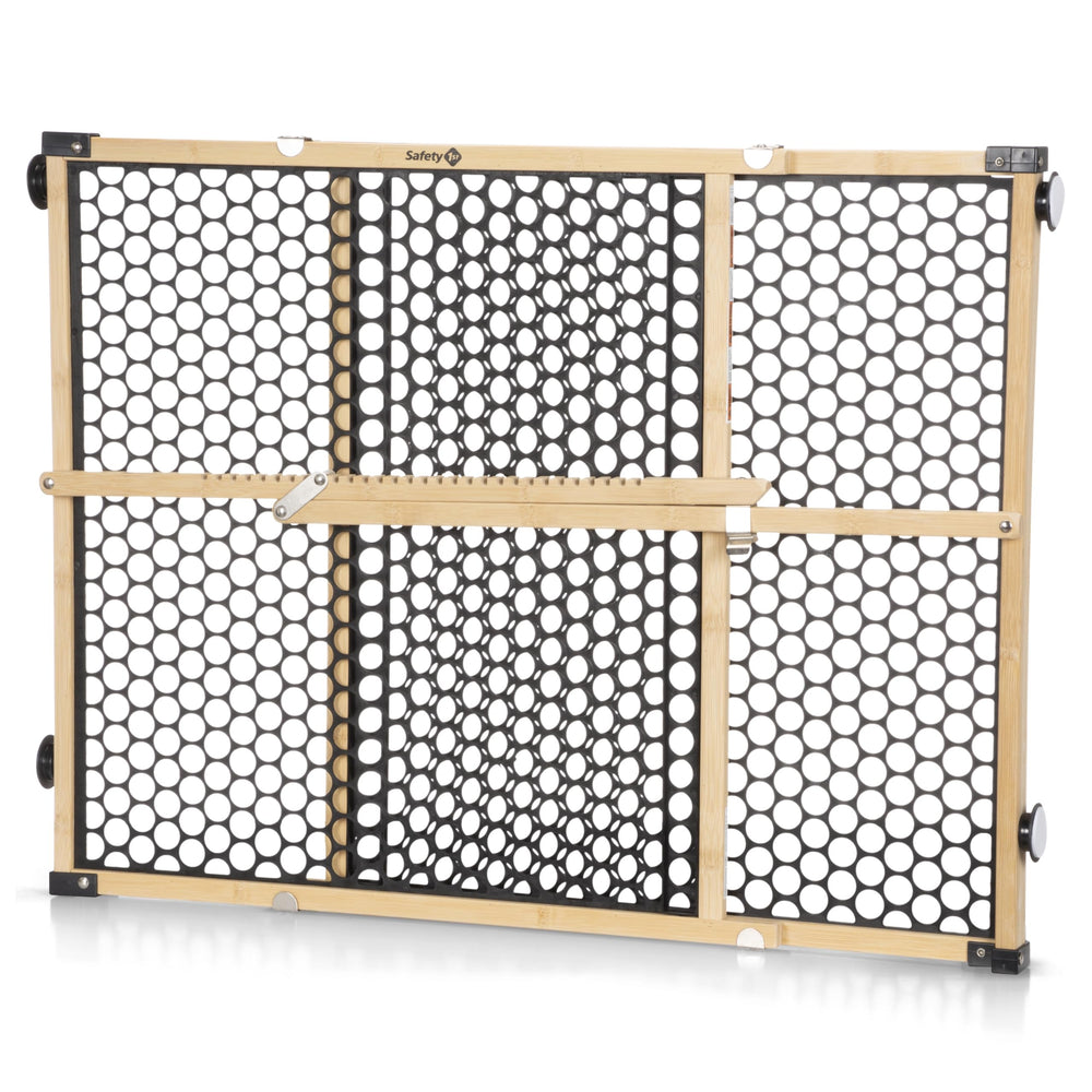 Safety 1st bamboo gate front view showing natural finish and secure barrier benefit