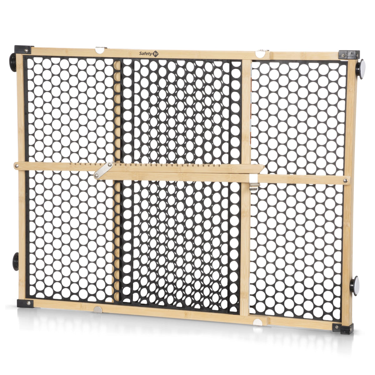 Safety 1st bamboo gate front view showing natural finish and secure barrier benefit