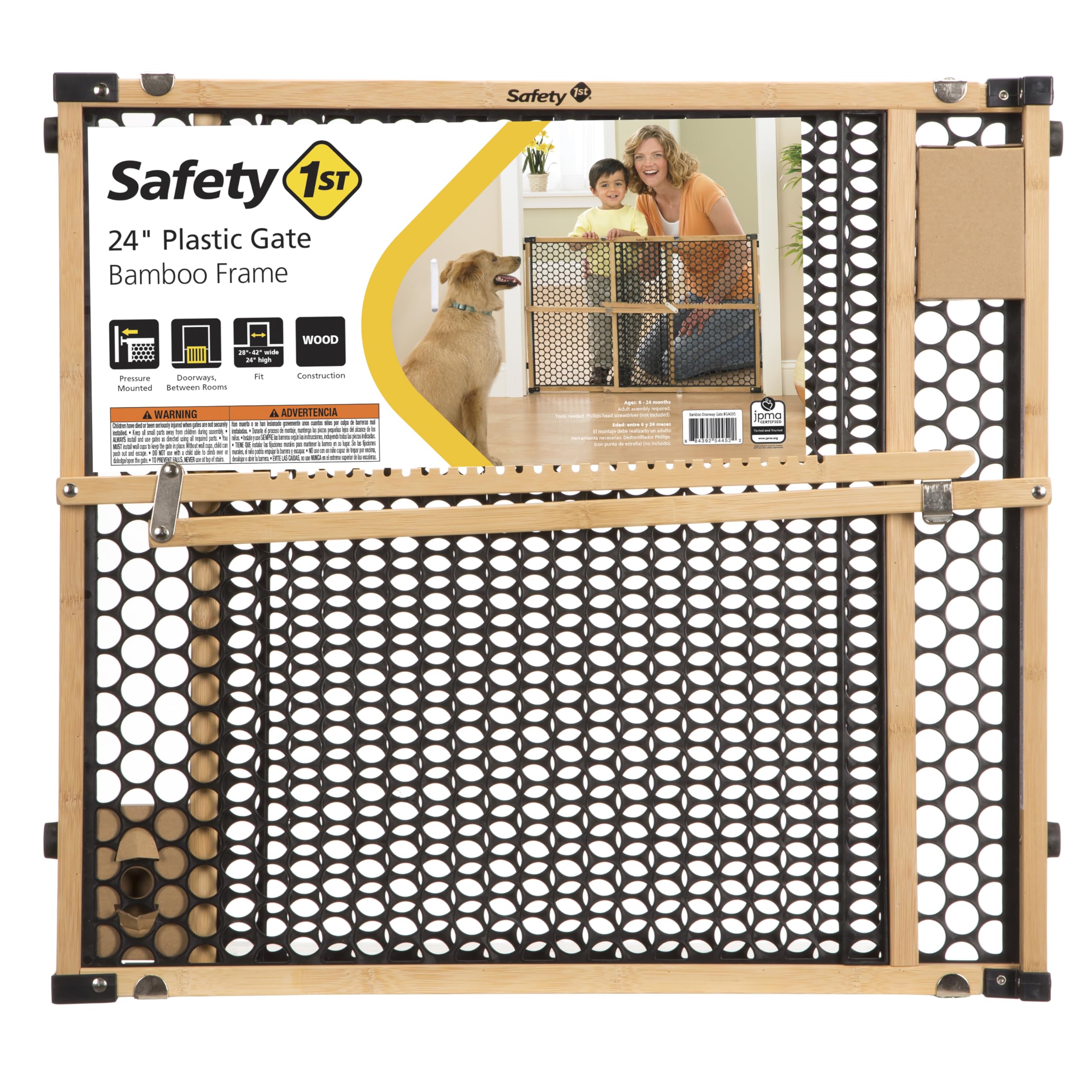Safety 1st gate next to baby toy showing scale and child containment benefit