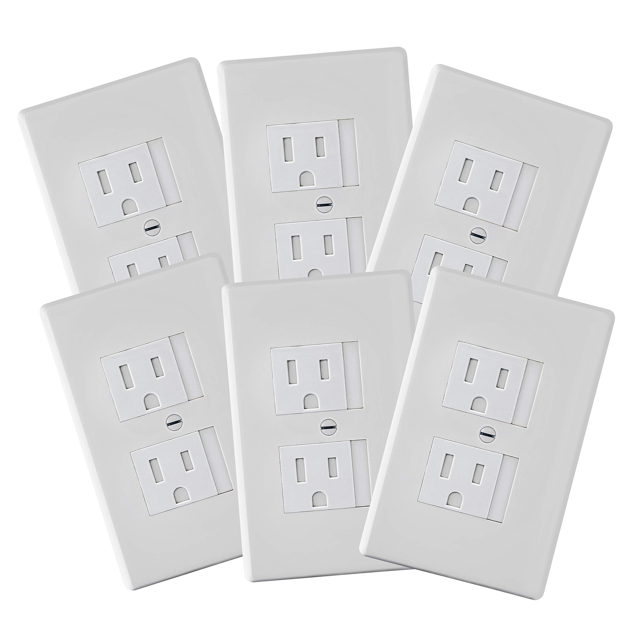 Safety Innovations front view of white self-closing outlet cover showing clean fit and safety
