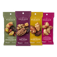 Sahale Snacks front packaging showing variety pack and convenient pouches