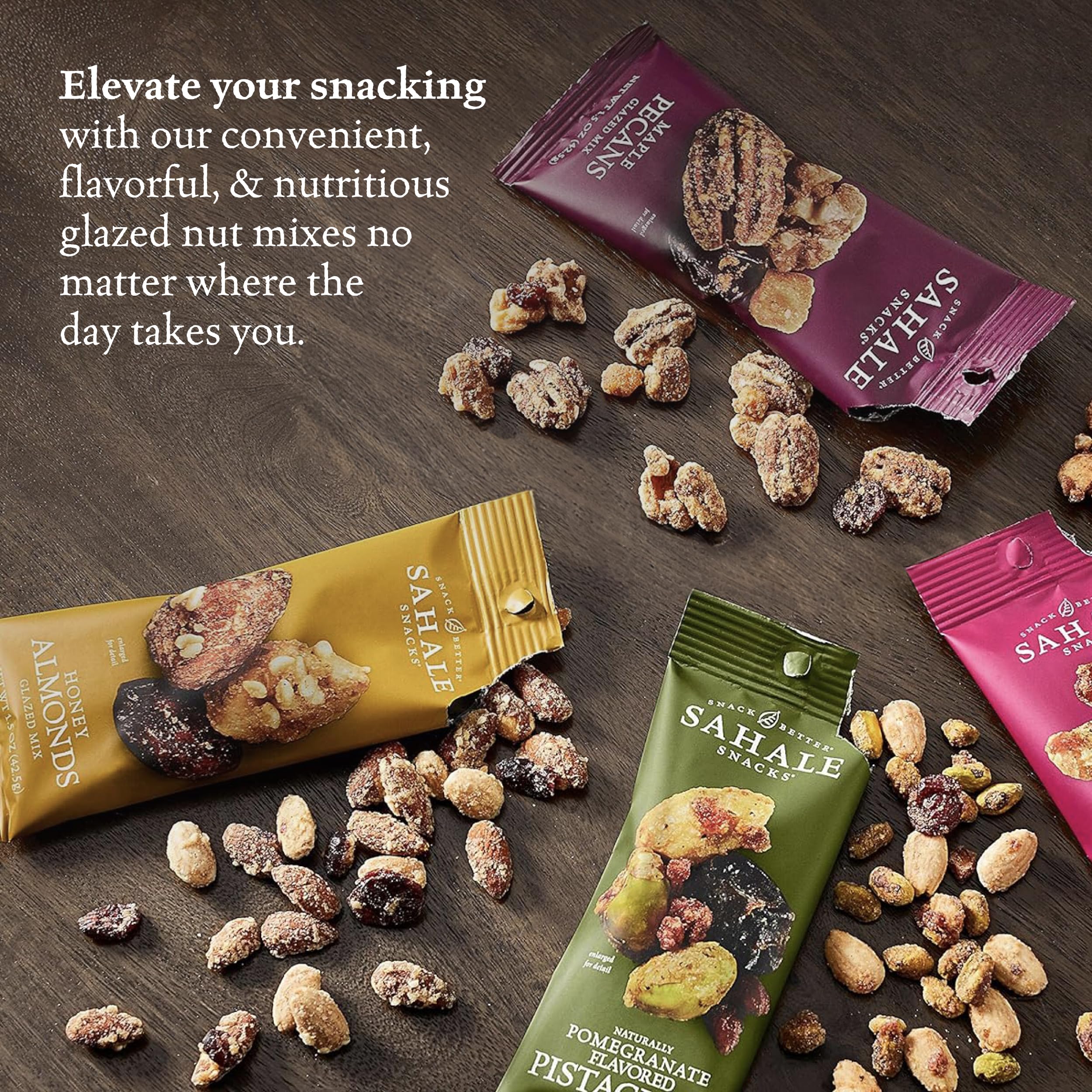 Sahale Snacks pouch next to a credit card showing compact travel size