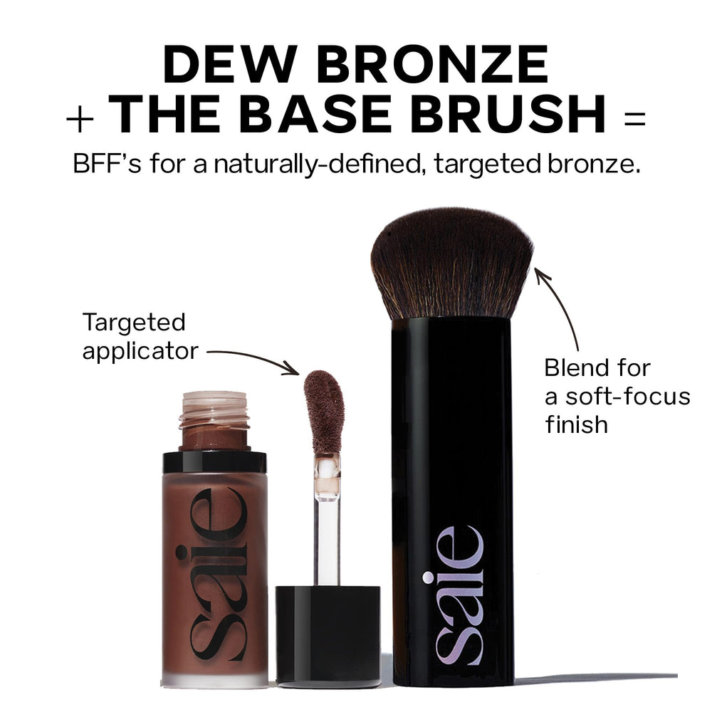 Saie Dew Bronze shade swatches across skin tones showing Sand’s neutral-warm payoff benefit