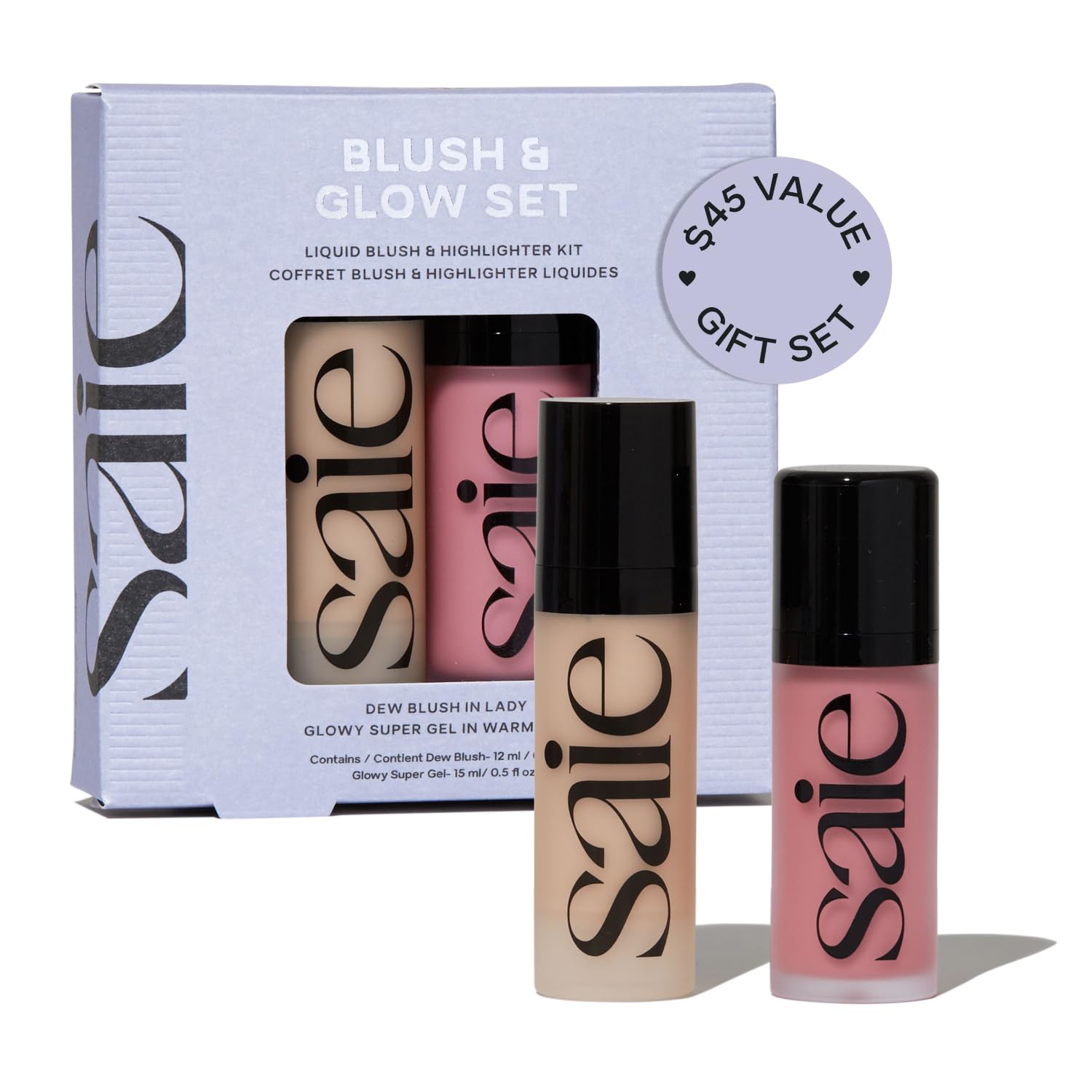Saie front packaging of Blush & Glow set showing both products and gift-ready box for easy gifting