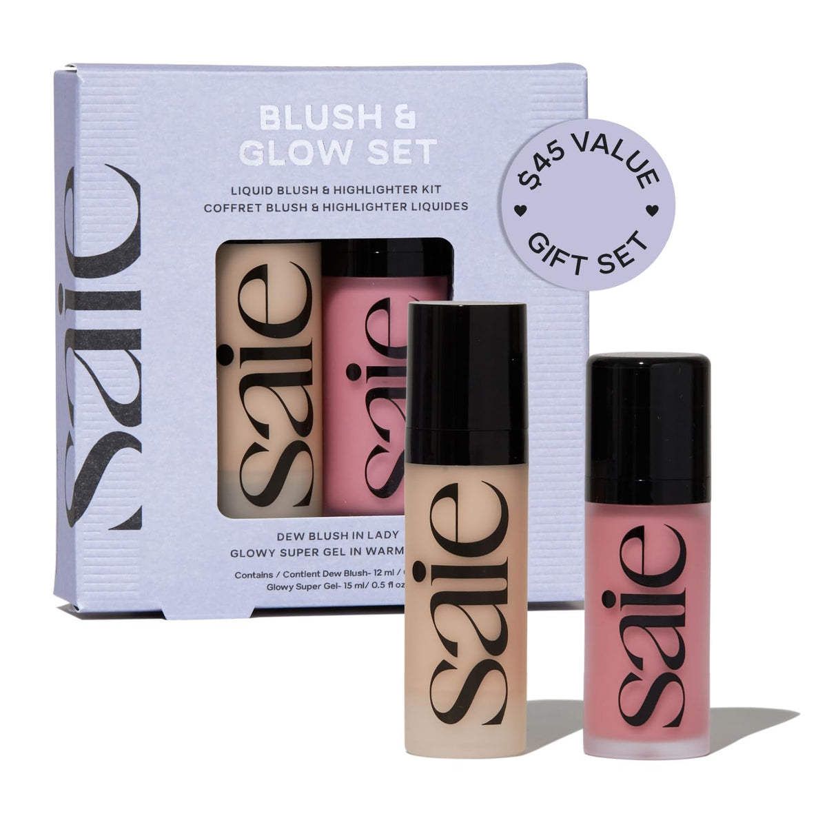 Saie front packaging of Blush & Glow set showing both products and gift-ready box for easy gifting