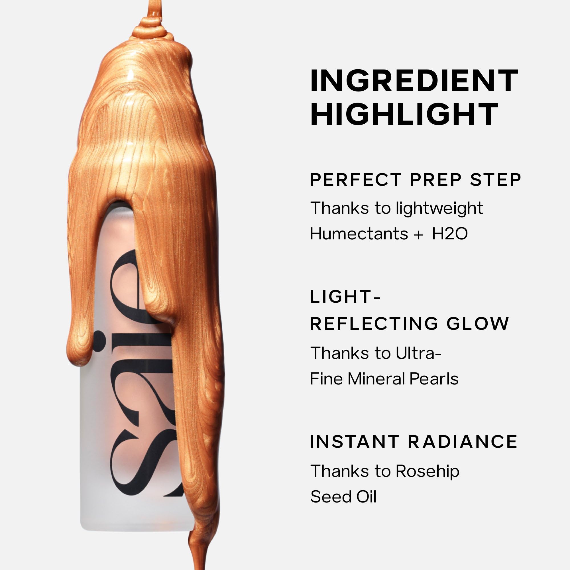Saie Glowy Super Gel Starglow bottle staged with glycerin, vitamin C, and rose hip visuals to show key benefits