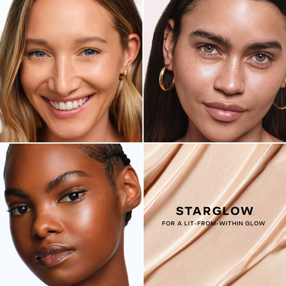 Saie Glowy Super Gel Starglow mixed with foundation in palette showing how it creates sheer luminous coverage