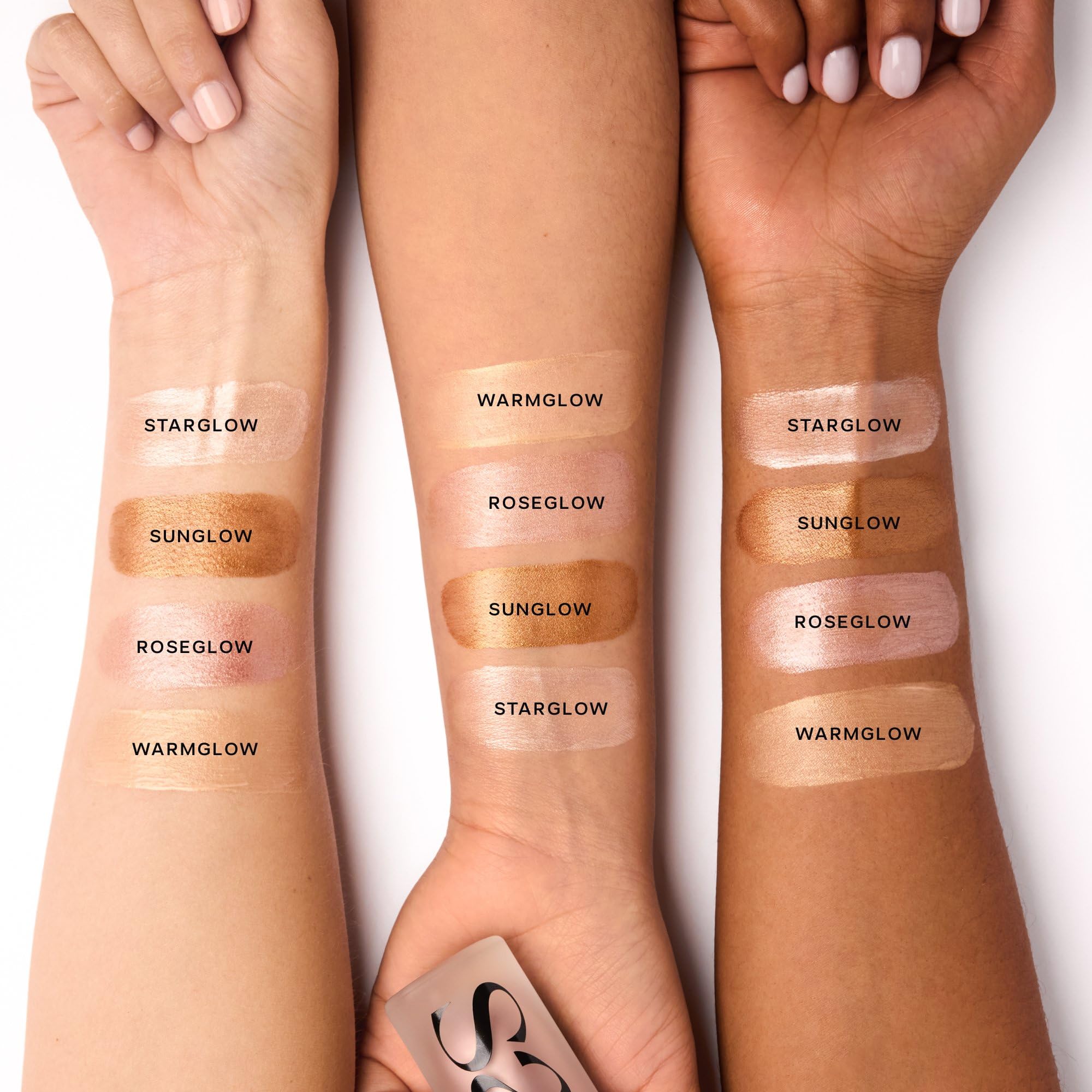 Saie Sunglow swatched on facial skin showing subtle radiance and blendability benefit